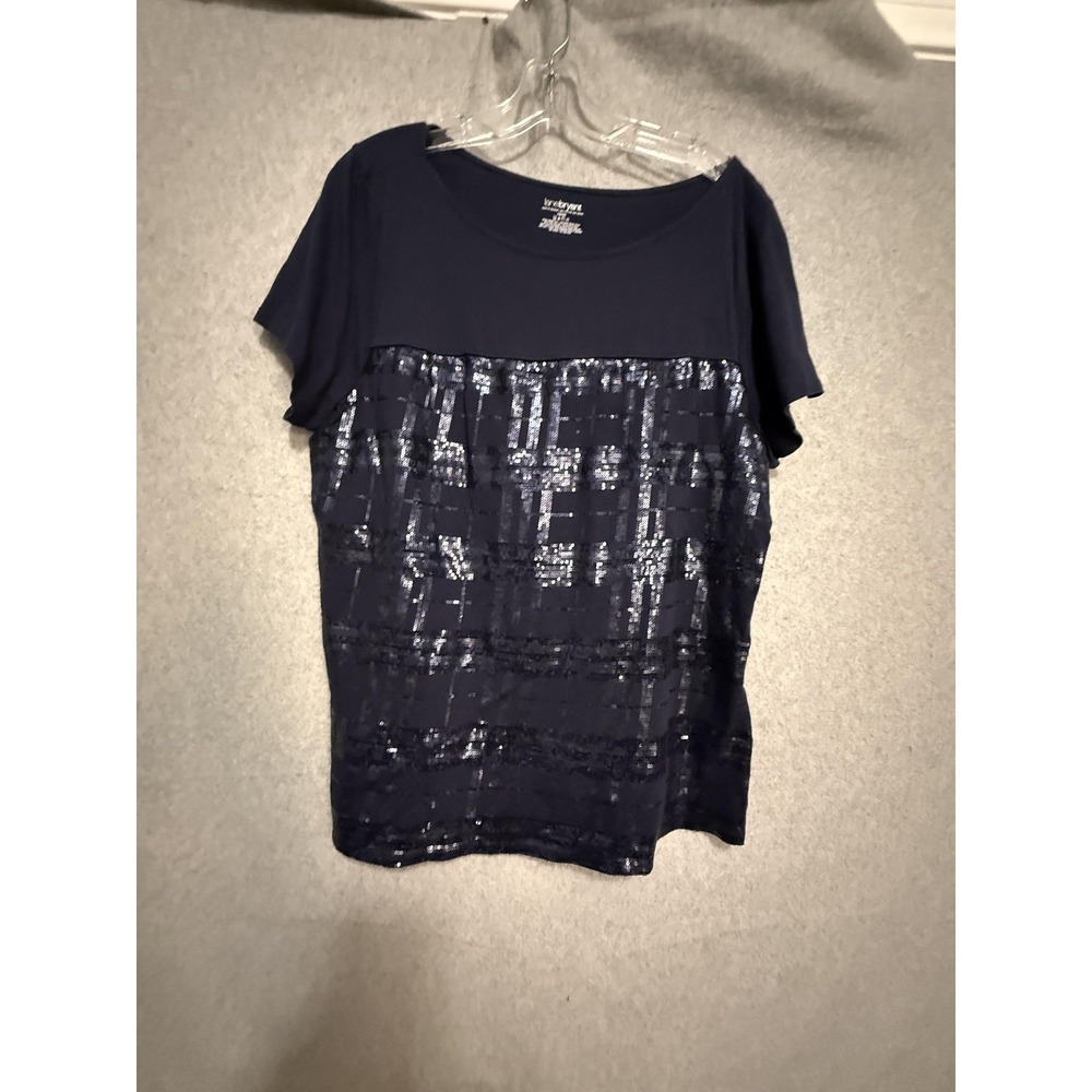 Lane Bryant Shirt Womens 18/20 Blue Sequin Front Boat Neck Plus‎ Tee Top Party